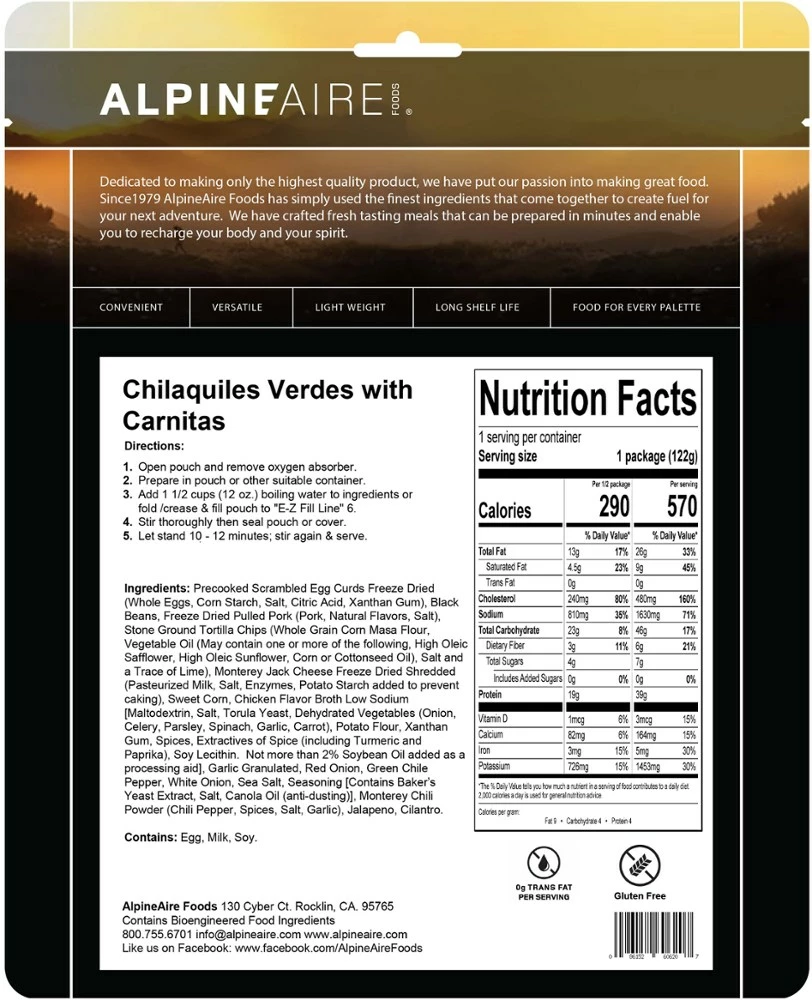 AlpineAire Foods Chilaquiles Verdes with Carnitas - 1 Serving - None 4 AlpineAire Foods Chilaquiles Verdes with Carnitas - 1 Serving - None - Image 2