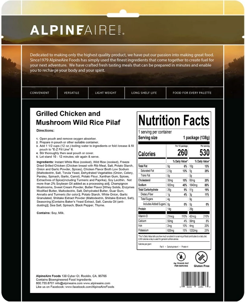 AlpineAire Foods Grilled Chicken and Mushroom Wild Rice Pilaf - 1 Serving - None 4 AlpineAire Foods Grilled Chicken and Mushroom Wild Rice Pilaf - 1 Serving - None - Image 2
