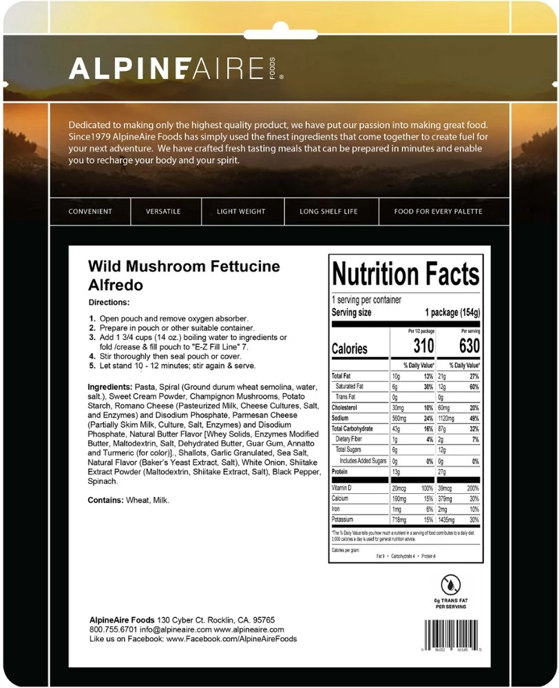 AlpineAire Foods Wild Mushroom Fettuccine Alfredo - 1 Serving 4 AlpineAire Foods Wild Mushroom Fettuccine Alfredo - 1 Serving - Image 2
