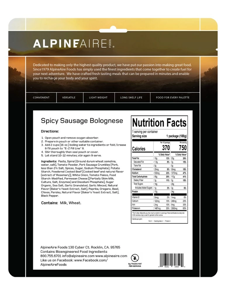 AlpineAire Foods Spicy Pasta Bolognese - 1 Serving - None 5 AlpineAire Foods Spicy Pasta Bolognese - 1 Serving - None - Image 3