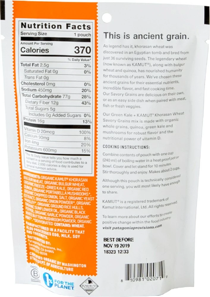 Patagonia Provisions Organic Savory Grains - Green Kale + Kamut Khorasan Wheat - 1 Serving - None 4 Patagonia Provisions Organic Savory Grains - Green Kale + Kamut Khorasan Wheat - 1 Serving - None - Image 2