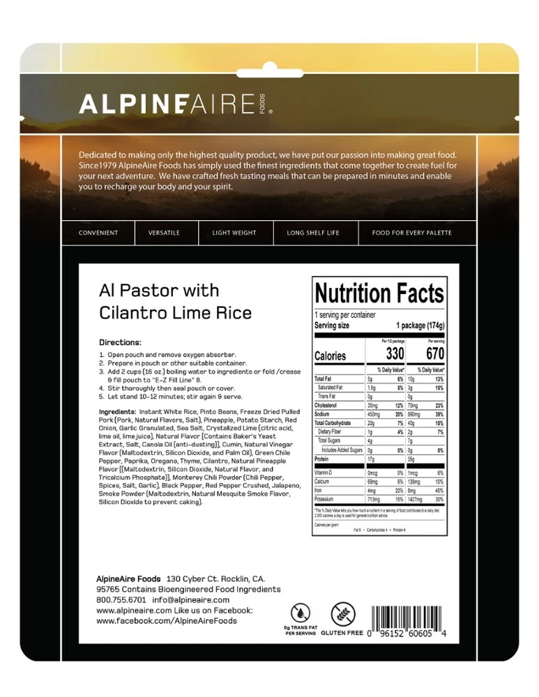 AlpineAire Foods Al Pastor with Cilantro Lime Rice - 1 Serving - None 5 AlpineAire Foods Al Pastor with Cilantro Lime Rice - 1 Serving - None - Image 3